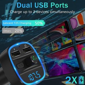 Bluetooth 5.0 Araba Adaptör Kiti FM Verici Kablosuz Radyo Müzik Oyuncusu Arabalar Kitleri Mavi Çember Ortam Işık Çift USB Ports Şarj Cihazı Eller Ücretsiz Çağrı Toptan