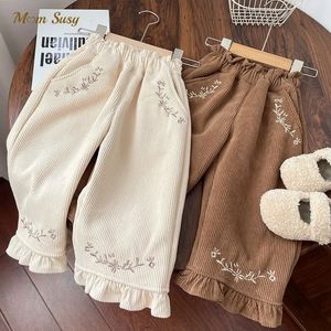 Trousers Baby Girl Princess Corduroy Pant Flower Embroidery Infant Toddler Child Wide Leg Fleece Inside Clothes 1 7Y 231214