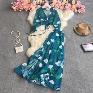 Work Dresses Spring And Autumn Fashion Puff Sleeve V-neck Chiffon Shirt Slit Big Swing High Waist Dress Two-piece Set For Women