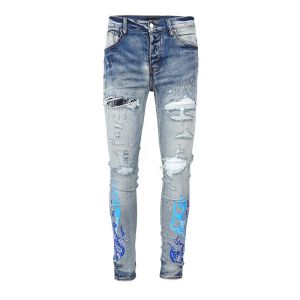 Męskie dżinsy Designer z otworami zwężane niebieskie udo podarte kostkę pod rozdarte spodnie rozciągnij Ruged Kolan Cut Biker Silm Fit Side Long Straig