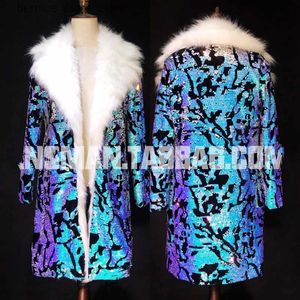 Men's Fur Faux Fur S-6XL!!!2022 Nightclub bar male singer dazzling blue sequins fur long coat performance clothes coat Q231212