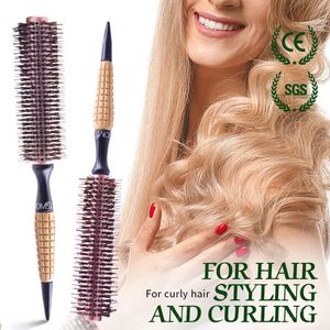 Hair Straighteners Professional Black Hog Mane Boar Bristle Round Wooden Barrel Rolling Curling Styling Hair Brush Iron Anti Static Roll Hairbrush 231213