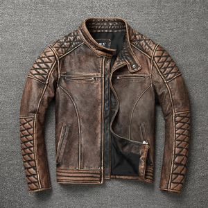 Giacca da motociclista vintage finta in pelle da uomo Colletto alla coreana Pelle bovina naturale Classico strato superiore Tuta da motociclista Abbigliamento da motociclista y231214