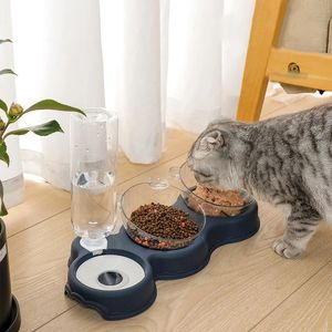 Dog Bowls Feeders Pet Cat Bowl Automatic Feeder 3-in-1 Dog Cat Food Bowl With Water Fountain Double Bowl Drinking Raised Stand Dish Bowls For Cats 231213