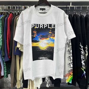 Homens camisetas 2024ss roxo t-shirt homens mulheres de alta qualidade mar nascer do sol impressão camiseta top tee com tag t231214