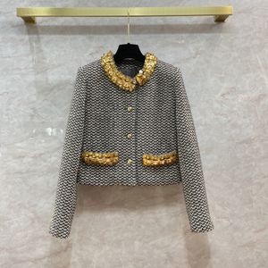 2024 Spring Gray Striped Rhinestone Tweed Jacket Long Sleeve Round Neck Rhinestone Single-Breasted Jackets Coat Short Outwear Q3D121320