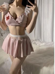 Arbeit Kleider kühn romantische weiche schiere sexy lustige Unterwäsche Uniform Set Verführungsrolle spielen süße süße Faltenrock Pink Xurq