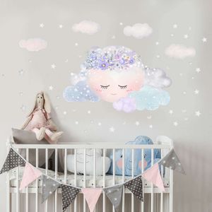 Flor roxa dormindo lua nuvens e estrelas adesivos de parede para quarto das crianças do bebê menina decalque da parede do berçário adesivo decorativo