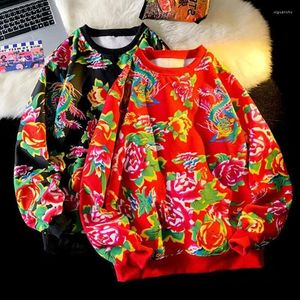 Women's Hoodies 2023 Autumn Winter Northeast Big Flower China-Chic Straight Shoulder Plush Thickened Couple Coat Sweater