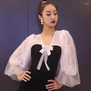 Stage Wear Fairy White Lace Ballroom Dance Tops Mesh Bubble Sleeves Practice Clothes Waltz Performance Costume Adult Bodysuit BL11980