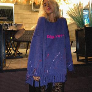 Maglioni da donna Maglione strappato gotico grunge Abiti invernali da donna Lettera di Halloween Maglieria Oversize Streetwear Girocollo Pullover Vintage