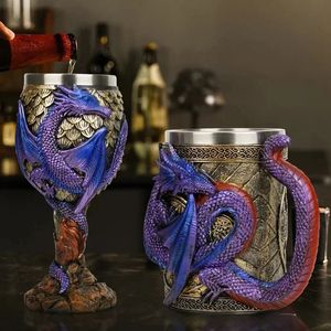 Tassen Kreative 3D Drachen Bier Tasse Harz 304 Edelstahl Gothic Wein Kelch Viking Schädel Cocktail Glas Bar Dekoration Männer geschenk 231213