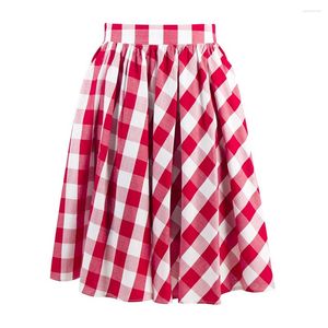 Skirts Wholesale Online Large Size Clothes Women's High Waist Retro Inspred 50s 60s Circle Swing Red And White Plaid Skirt With Pockets