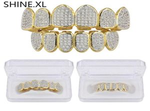 Gold Silver Plated Hip Hop Vampire Teeth Grillz Top and Bottom Iced Out Micro Pave CZ Stone Bling Body Jewelry5825415