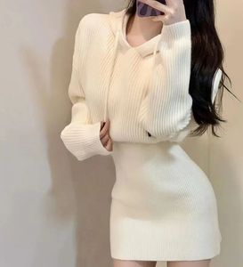 Urban Sexy Dresses Winter Knitted Sweater Dress with Hooded Women Slim Bodycon Y2k Ribbed Knit Mini Dress Female Dress Korean 231215