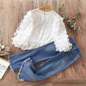 Kleidungssets Kleidung für Teenager Kinder Kleidungssets Weiße Spitzenblusen Jeansanzug für Mädchen Frühlingssüße Baby-Kinderkleidung 4–14 Jahre R231215