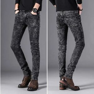 Calças de brim masculinas verão estiramento fino slim fit calças skinny coreano casual retro floco de neve moda homens cinza 231214