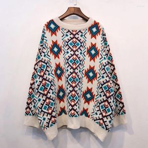 Kvinnors tröjor Europeiska amerikanska kvinnor stickade pullover toppar lata oaf batwing hylsa överdimensionerad tröja vintage geometriska mönster damer