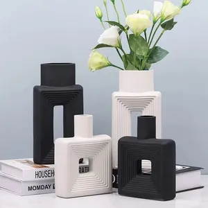 Vases Modern Creative Retro Art Simple Flower Vase Nordic Abstract Square Ceramic Hollowed Out Lines Office Living Room