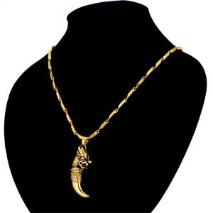 Halskette mit Drachenkopf-Anhänger aus 14 Karat Gelbgold, Wolfszahn-Amulette und Talismane, coole Halskette für Damen und Herren