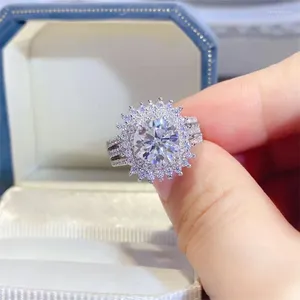 Cluster anéis moissanite diamante 2ct redondo corte laboratório noivado para mulheres meninas promessa presente 925 prata esterlina fing jóias