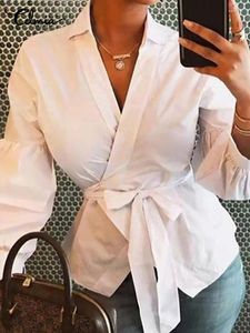 Kadın bluzları celmia moda tunik gömlekleri kadınlar zarif uzun fener kolu üstleri kuşaklı rahat gevşek seksi v yaka katı bluz blusas
