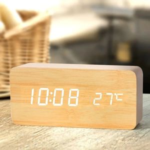 デスクテーブルクロックオフィスベッドサイドの温度付きの木製デジタル目覚まし時計231215