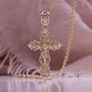 Mode smycken Kvinnor Mens 14K Rose Gold Crucifix Pendant Ortodox Cross Chain