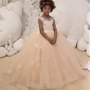 Girl Dresses Simple Flower Dress Champagne Lace Butterfly Small Tail Baby Princess Wedding Birthday Party First Communion