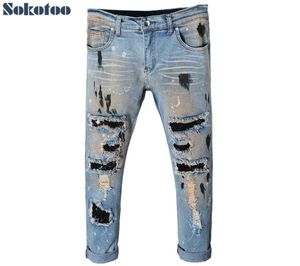 MEN039S Jeans Sokotoo Vintage Delikleri Perçin Yaması Yırtık Günlük Modeli Boyalı Boyalı sıkıntılı Denim Dilen Pantol Pantolonmen039S8934477