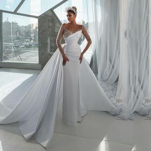 2024 Luxury A Line Wedding Dresses Jewel Neck Satin Crystal Beads Illusion Long Sleeves Overskirts Bridal Gowns wedding dress Detachable Train