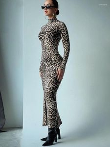Vestidos casuais leopardo mulheres moda sexy streetwear impresso manga completa gola hip envoltório bodycon elegante longo vestidos robes