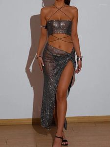 Gym Clothing Shiny Rhinestone Women 2 Piece Beach Set Sexy Backless See Through Fishnet Tank Top With Hollow Side Split Long Skirt Outfits