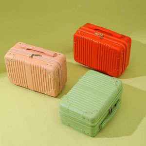 Bavullar küçük mini bavul, el hediyeleri ile 14 inç makyaj kutusu, yüksek görünümlü şifre kutusu, seyahat bagaj fabrikası 231215