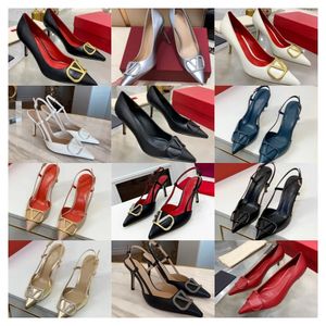 Elegante Damen-High-Heels, klassischer Metall-V-Buchstaben-Knopf, nackt, schwarz, rot, matt, 6 cm, 8 cm, 10 cm, dünne Absätze, Damen-Hochzeitsschuhe, große Größe 35–44