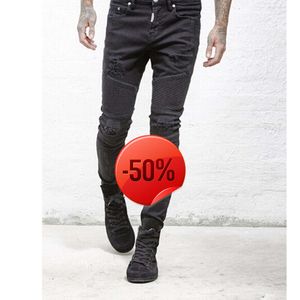 Desconto de Natal ~ 50 off ~ Jeans Atacado slp azul/preto destruído masculino slim denim reto motociclista jeans skinny masculino rasgado tamanho 28-38 frete grátis