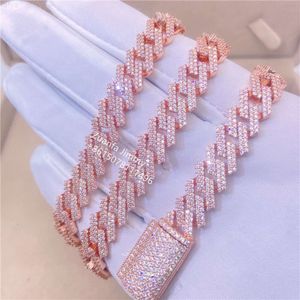 Pase el probador de diamantes en existencia Collar de cadena cubana de moissanita Vvs de oro rosa con dos hileras de piedras heladas de 10 mm