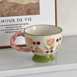 Muggar Creative Coffee Cup Ceramic Pink Tulpan Flower Tea Mugg eftermiddag Cake Plate Assiettes Mariage Kitchen Accessories