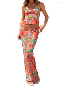 Sukienki swobodne Kobiety szyk elegancki kwiatowy nadruk z uprawą do prędkości i flow maxi spódnicę na letnią odzież plażową