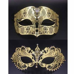 Máscaras de festa de ouro metal festa máscara fantasma homens mulheres filigrana máscara veneziana conjunto masquerade casal conjunto de cristal cosplay baile de casamento 263n