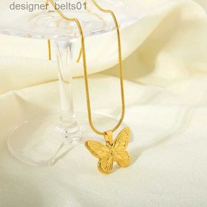 Pendant Necklaces Stylish 18K Gold Plated Stainless Steel Butterfly Pendant Necklace Waterproof Metal Insect Charm Sweater Chain Jewelry GiftL231215