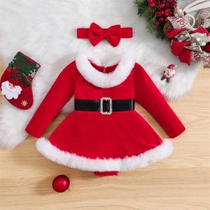 Rompers Suefunskry Baby Girls Christmas Outfits Lengeve Fur Trim Velvet Romper Dress + Headband Set新生児Xmas服3-24mssl231114