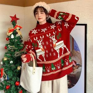 Kvinnors tröjor American Christmas Red Sweater Kvinna Y2K Street Fashion Trend Semi High-Necked Casual Loose Wearing Student Pullover