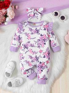 Rompers Urocze zestaw strojów 2PCS dla noworodków - kwiatowy nadruk długi rękaw Rompers Bow Fairband Spring Autumn Baby Girlsl231114