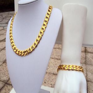 Tung stämpel 24k gul äkta solid guld gf mäns armband halsband kubansk kedja set födelsedag 12 mm bredare smycken set shipp2990