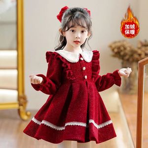 Girl s Dresses Young Girls Winter Princess Clothes Red Thickened Velvet Baby Girl Year s Birthday Party Corduroy Dress 231214