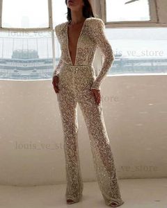 Women's Jumpsuits Rompers The new 2021 women's sexy long-sleeved deep-v silver sequin two-piece party dress pant jumpsuit T231215