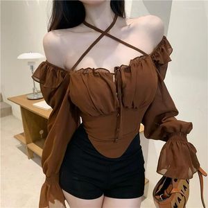 Damesblouses met lange mouwen, ruches van chiffon, off-shoulder, één slim-fit crop-top, sexy trompet, kanten blouse, retro