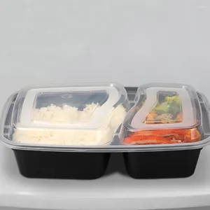 Recipientes descartáveis para preparação de refeições, caixa de armazenamento de alimentos com 2 compartimentos, lancheiras seguras para micro-ondas (preto com tampa)