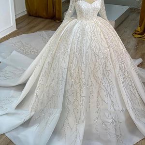 luxury Ball Gown V-Neck Long Sleeves Wedding Dress 2024 Sparkling Lace Sequined Women Bride Gowns Chapel Train Vestidos De Novia